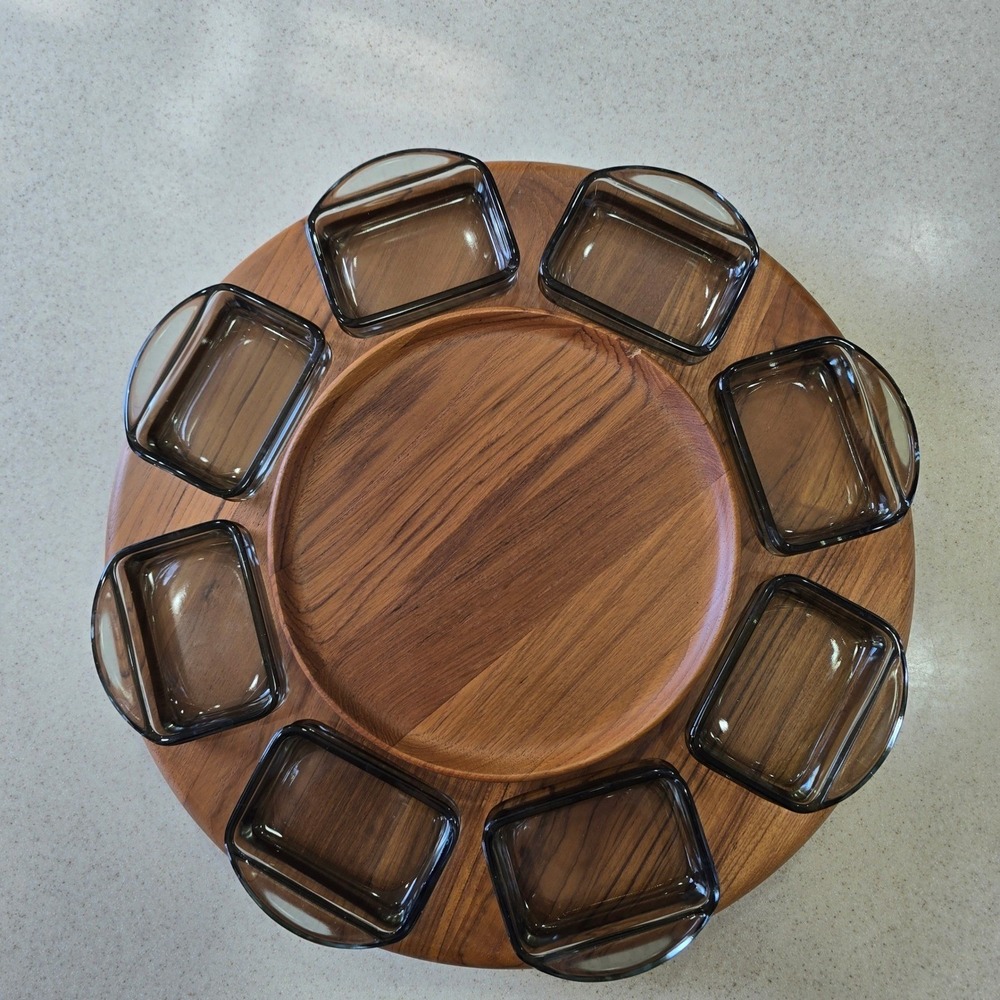 Digsmed Denmark Teak Lazy Susan 8 Smoked Glass Dishes Mid Century Modern